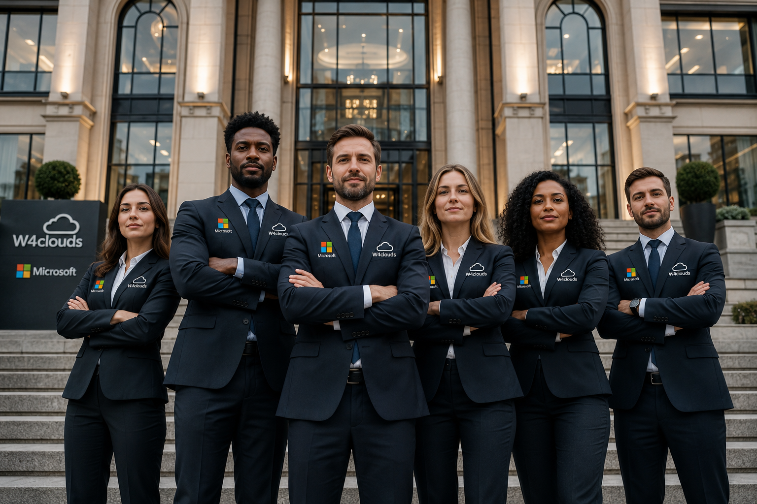 Equipe W4Clouds em frente a um edifício corporativo